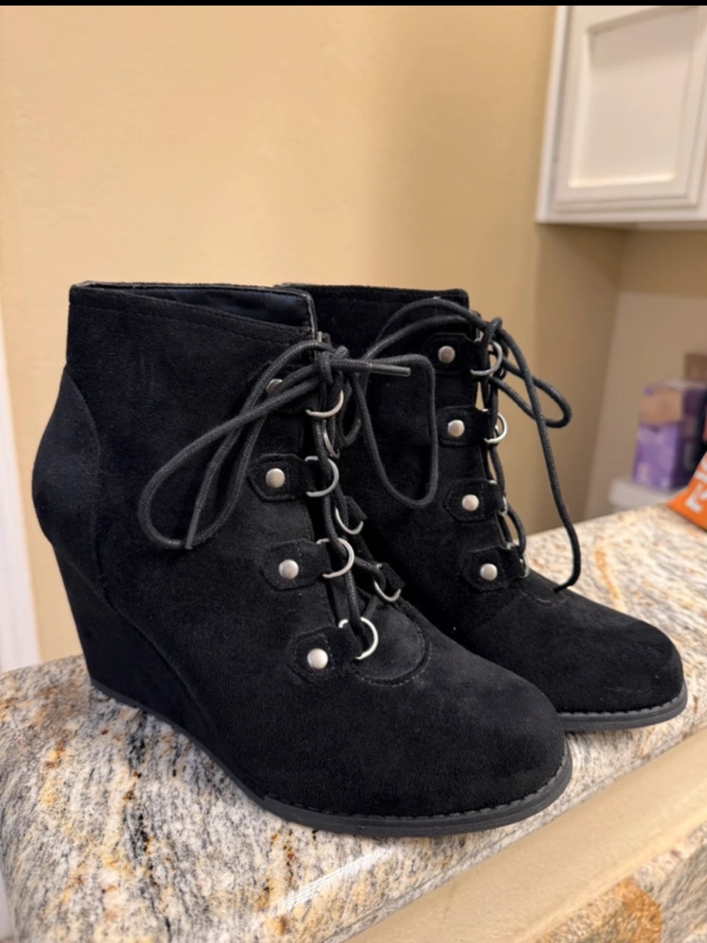 Madden Girl Black Suede Lace-Up Wedge Ankle Booties